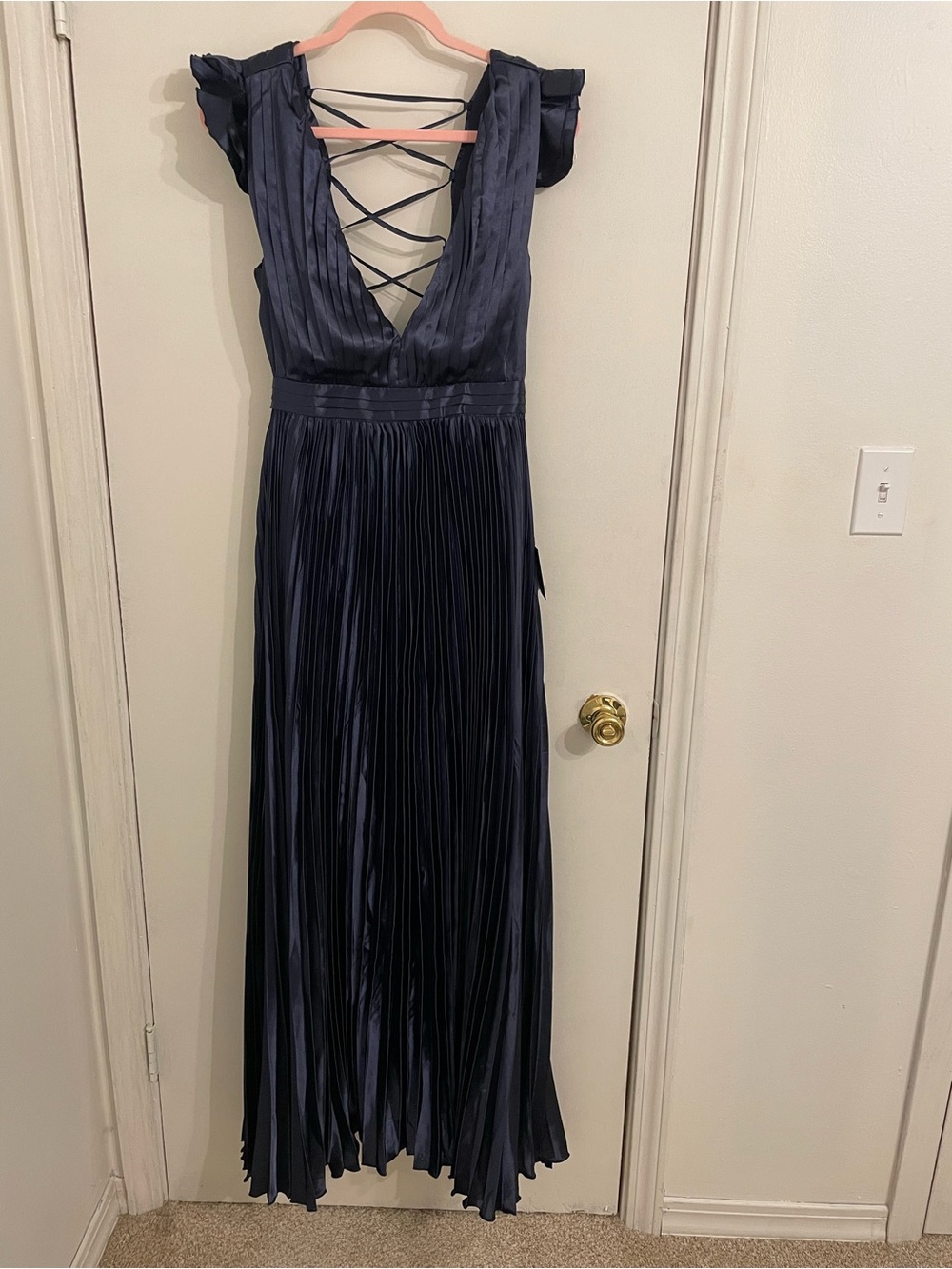 Lulu's Navy Pleated Maxi with Lace-Up Back
